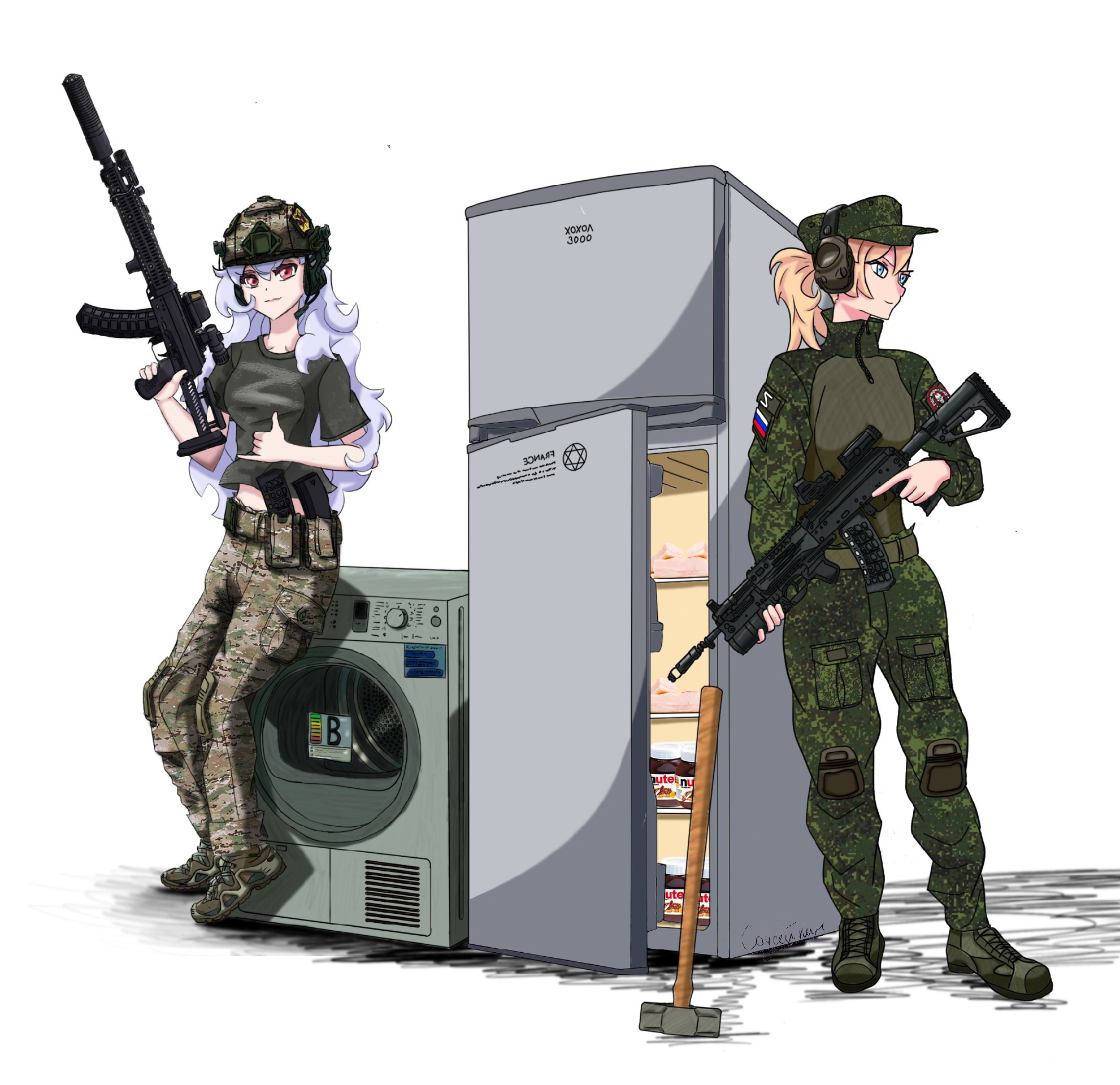 1girl ak-12 ak-74m alpha_(alpha_1918) ammunition ammunition_belt ammunition_pouch asouprus assault_rifle belt black_shirt blonde_hair blue_eyes boots camouflage camouflage_pants collarbone combat_boots combat_helmet commission flag fluffy fluffy_hair gun hair_ornament hammer hat headphones helmet hexagram highres holding holding_gun holding_weapon kalashnikov_rifle knee_pads light_smile lips long_hair looking_to_the_side magazine_(weapon) midriff midriff_peek military military_hat military_uniform neck nutella optical_sight original pants pocket ponytail pouch red_eyes red_lips refrigerator rifle russia russian_empire russian_flag russian_ground_forces russo-ukrainian_war shaka_sign shirt short_sleeves sitting smile soldier standing star_of_david suppressor svinorezka t-shirt theft very_long_hair wagner_group war war_crime washing_machine waving_flag weapon white_hair z_(russian_symbol)