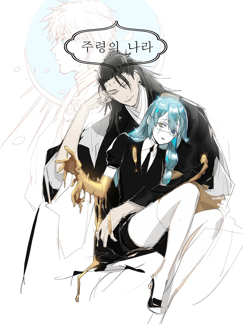 1other 2boys black_hair black_necktie blue_eyes blue_hair colored_skin ear_piercing getou_suguru getou_suguru_(kenjaku) gojou_satoru heterochromia houseki_no_kuni jujutsu_kaisen liquid_metal long_hair mahito_(jujutsu_kaisen) multiple_boys necktie nonockha phosphophyllite_(ll) piercing stitched_arm stitched_face stitched_forehead stitched_neck stitches white_background white_skin yellow_eyes
