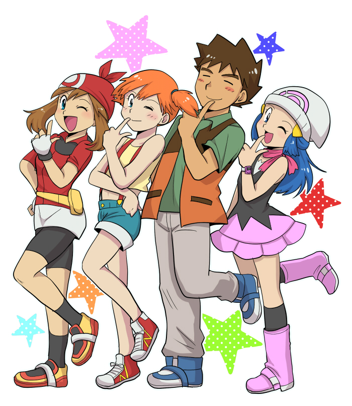 1boy 3girls :d bandana bike_shorts black_shorts black_socks blue_eyes blue_footwear blue_hair blush_stickers boots brock_(pokemon) brown_hair closed_eyes dawn_(pokemon) dress gintarou_(puipuiginta) grey_pants hat kneehighs long_hair looking_at_viewer may_(pokemon) misty_(pokemon) multiple_girls nintendo one_eye_closed open_mouth orange_hair pants pink_boots pokemon pokemon_(anime) pokemon_(classic_anime) pokemon_dppt_(anime) pokemon_rse_(anime) red_footwear shoes short_hair short_shorts shorts smile sneakers socks standing standing_on_one_leg star_(symbol) suspenders