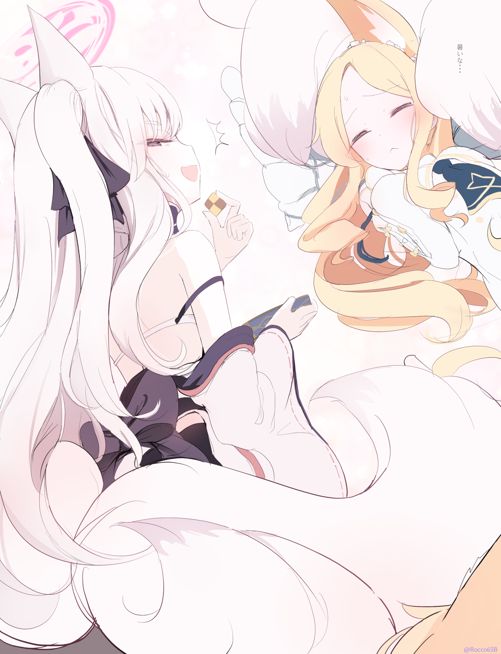 2girls animal_ear_fluff animal_ears bare_shoulders black_bow blonde_hair blue_archive blue_necktie blush bow closed_eyes closed_mouth cookie dress food forehead fox_ears fox_girl fox_tail from_behind hair_between_eyes highres holding holding_cookie holding_food japanese_clothes kimono kimono_partially_removed kitsune kuzunoha_(blue_archive) kyuubi long_hair looking_at_another multiple_girls multiple_tails necktie open_mouth purple_eyes sakurano_rocco seia_(blue_archive) sidelocks sweatdrop tail white_dress white_hair white_kimono