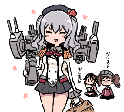 3girls basket beret binoculars black_headwear blush_stickers brown_hair closed_eyes commentary_request envy epaulettes gloves grey_skirt hat jacket kantai_collection kashima_(kancolle) long_sleeves lowres machinery military_jacket multiple_girls neckerchief pleated_skirt red_neckerchief ryuujou_(kancolle) scarf school_uniform sendai_(kancolle) serafuku sidelocks silver_hair simple_background skirt solo_focus terrajin twintails wavy_hair white_background white_gloves white_jacket white_scarf