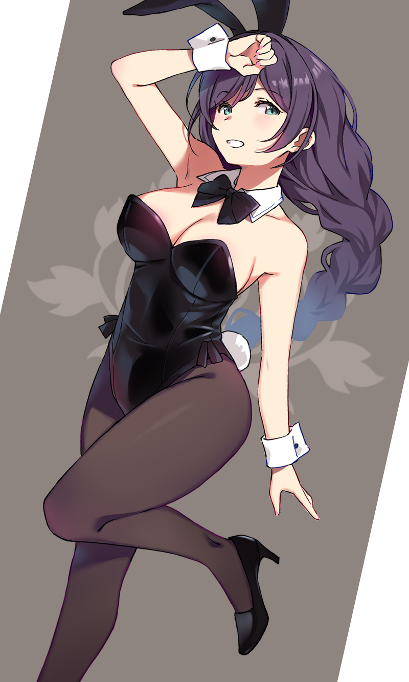 1girl animal_ears bare_shoulders black_bow black_bowtie black_leotard black_shoes bow bowtie braid braided_ponytail breasts brown_pantyhose detached_collar duke_(inu_daimyou) fake_animal_ears green_eyes highres leotard long_hair looking_at_viewer love_live! love_live!_school_idol_project medium_breasts pantyhose playboy_bunny purple_hair rabbit_ears rabbit_tail shoes smile solo tail tojo_nozomi