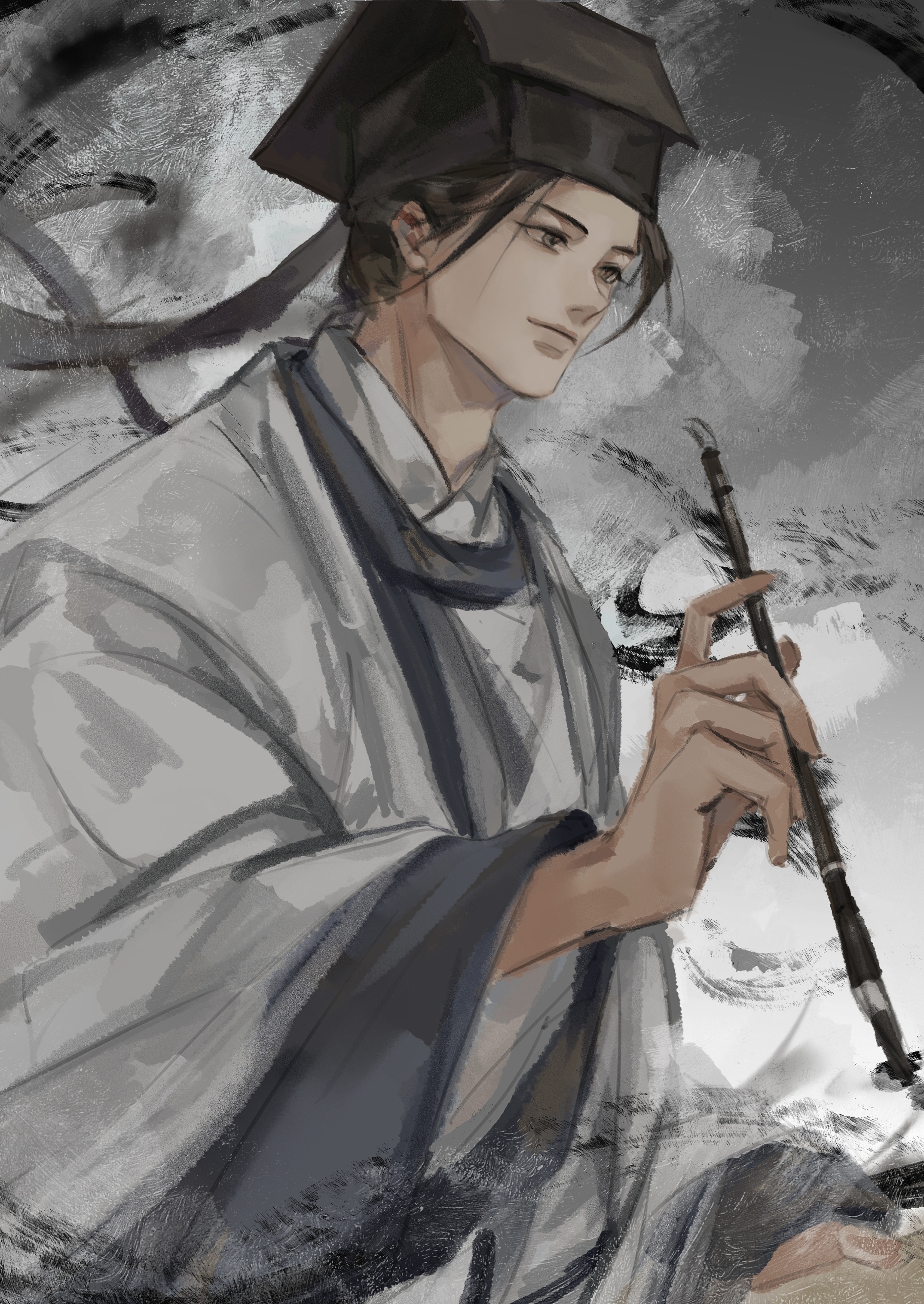 111218422 1boy absurdres black_hair black_hat black_smoke brown_eyes calligraphy_brush chinese_clothes chinese_commentary closed_mouth dao_gui_yi_xian flute grey_background hanfu hat hat_ribbon highres holding holding_calligraphy_brush holding_paintbrush ink instrument jin_(headwear) long_hair long_sleeves looking_down male_focus paintbrush ribbon robe smile smoke solo updo upper_body white_hanfu wide_sleeves writing zhouzi_jin_(headwear) zhuge_yuan