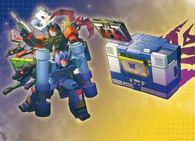 1980s_(style) 6+boys assault_visor bat_(animal) buzzsaw_(transformers) cassette_tape condor decepticon frenzy_(transformers) glowing glowing_eyes grin gun holding holding_gun holding_weapon insignia jaguar laserbeak mecha miyako_nagi multiple_boys no_humans oldschool open_mouth overkill_(transformers) ratbat_(transformers) ravage_(transformers) red_eyes red_visor retro_artstyle robot rumble_(transformers) science_fiction slugfest smile soundwave_(transformers) tape_recorder teeth transformers transformers:_generation_1 weapon zibanitu