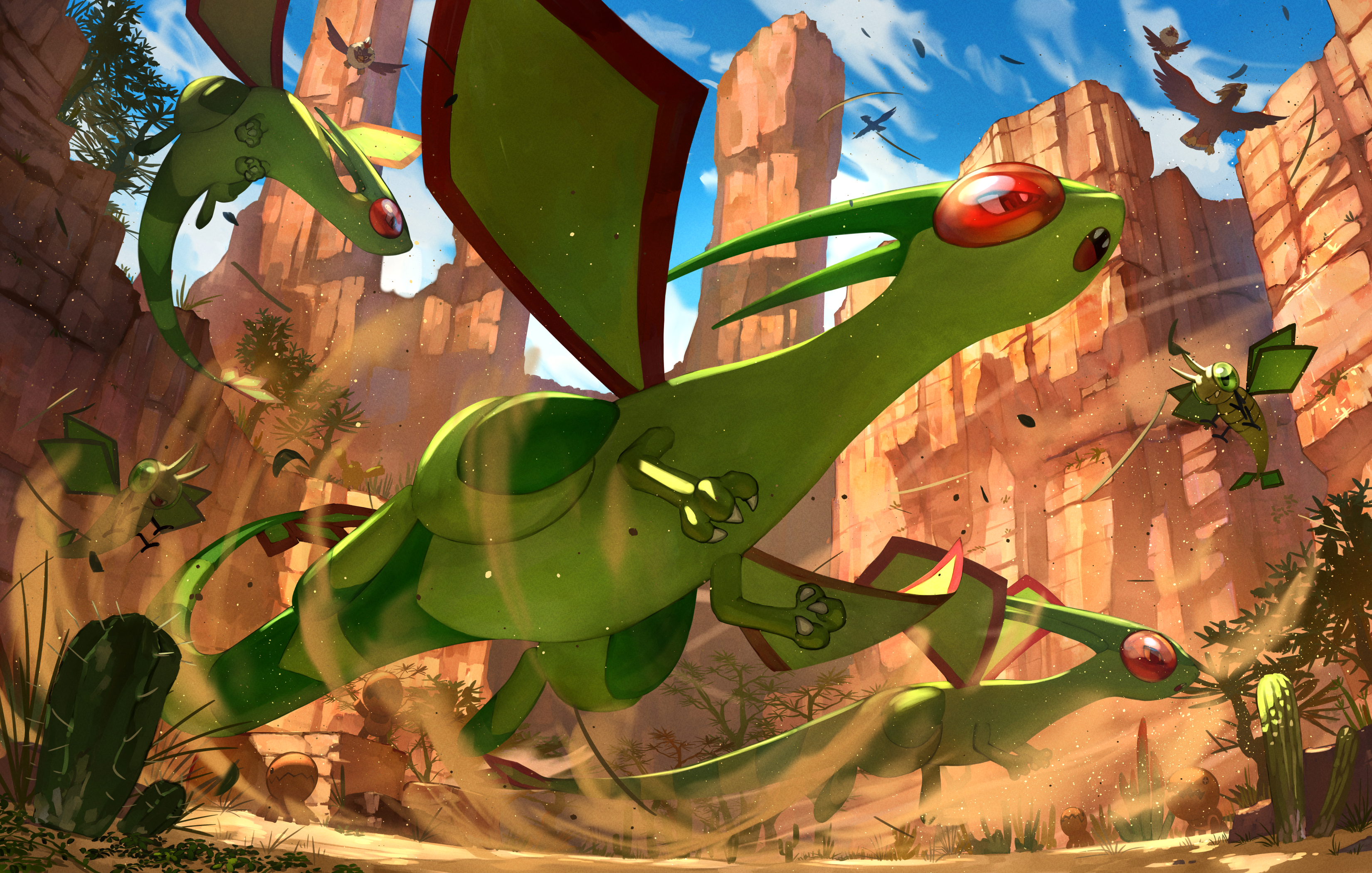:o absurdres braviary cactus canyon claws cloud commentary_request day fangs flygon flying from_below gen_3_pokemon gen_5_pokemon highres nintendo no_humans open_mouth outdoors pokemon pokemon_(creature) rufflet sky vibrava yumo80295386