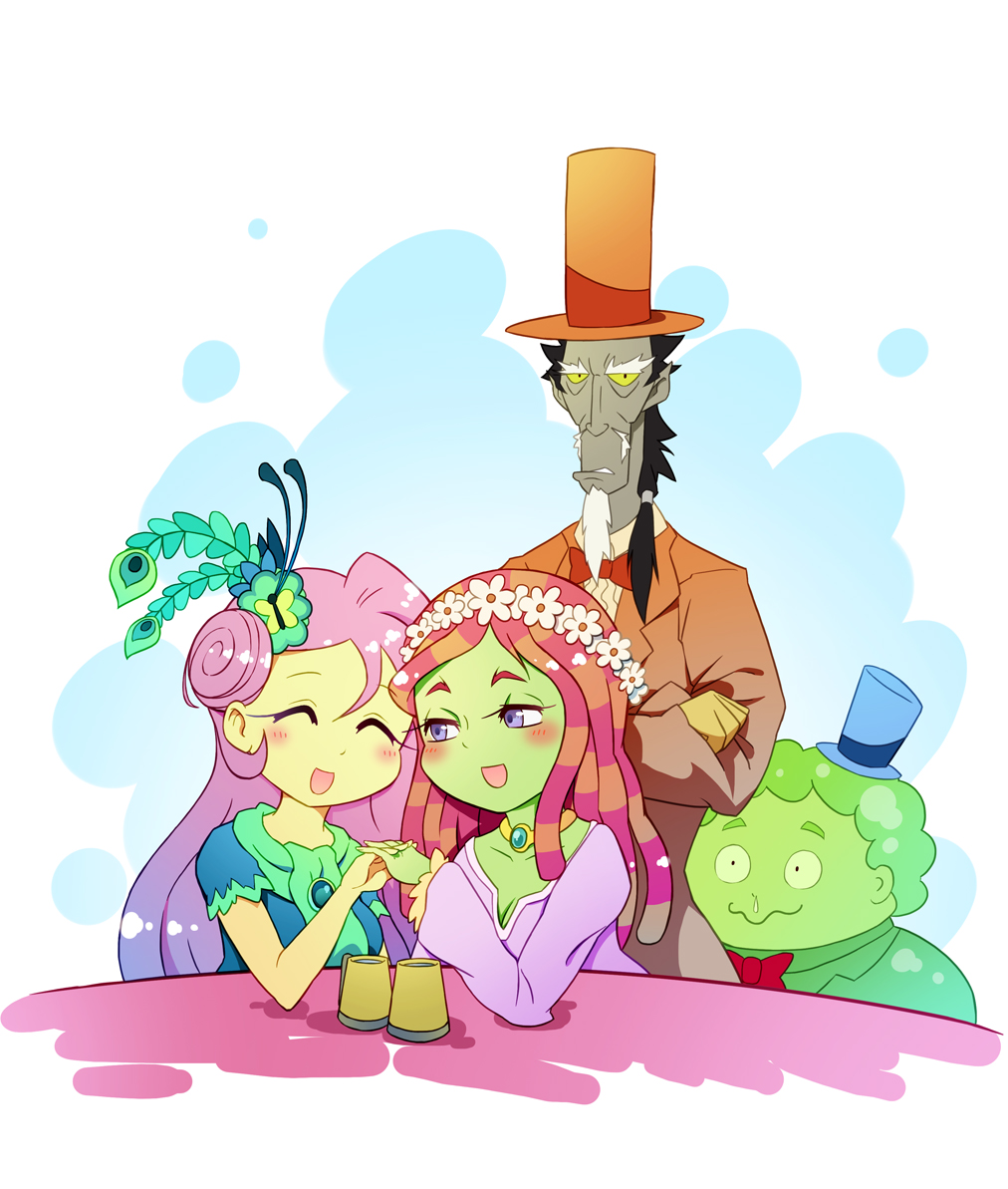 2boys 2girls commentary_request cup discord_(my_little_pony) fluttershy formal_clothes hat jealous mug multiple_boys multiple_girls my_little_pony my_little_pony:_friendship_is_magic personification smooze top_hat tree_hugger xin_yu_hua_yin
