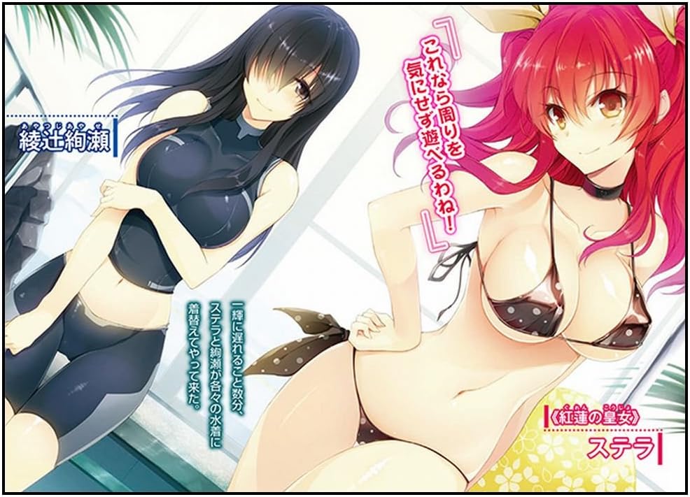 2girls arm_under_breasts ayatsuji_ayase bare_arms bare_shoulders bikini black_bikini black_choker black_eyes black_hair border breasts brown_eyes character_name choker cleavage closed_mouth collarbone covered_erect_nipples dutch_angle hair_between_eyes hair_over_one_eye hair_ribbon hand_on_own_hip indoors large_breasts long_hair long_sidelocks looking_at_viewer micro_bikini midriff multiple_girls navel novel_illustration official_art rakudai_kishi_no_cavalry red_hair ribbon shiny_skin sidelocks smile standing stella_vermillion stomach swimsuit thigh_gap thighs translation_request white_border won_(az_hybrid)