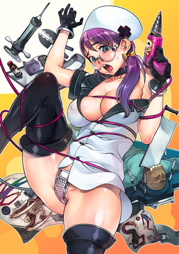 1girl bad_id bad_pixiv_id bandages bdsm black_thighhighs blue_eyes blush bondage bonesaw bound breasts cable cleavage commentary_request covered_erect_nipples cross dark-skinned_female dark-skinned_male dark_skin dead_space drill entangled f.s. female_focus glasses gradient_background hat large_breasts long_hair looking_at_viewer low_ponytail no_bra nurse nurse_cap off_shoulder open_clothes open_mouth open_shirt orange_background original oversized_object panties ponytail power_drill power_tool purple_hair raised_eyebrows red_cross saw shiny_skin shirt short_sleeves skindentation slasher_(dead_space) solo solo_focus syringe thighhighs thighs tongue underwear white_hat white_panties