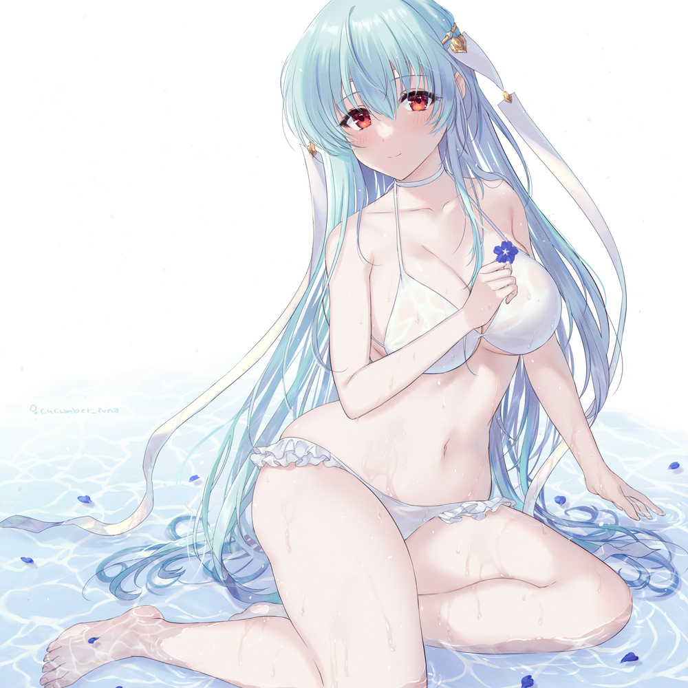 1girl alternate_costume awayuki_ramika bare_arms bare_legs bikini blue_hair blush breasts cleavage closed_mouth collarbone commentary_request feet fire_emblem fire_emblem:_the_blazing_blade flower hair_between_eyes hair_ribbon holding holding_flower large_breasts long_hair looking_at_viewer navel ninian_(fire_emblem) nintendo petals petals_on_liquid red_eyes ribbon smile solo swimsuit thighs toes very_long_hair wet white_bikini