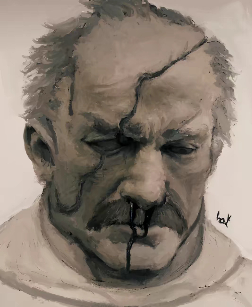 1boy artist_name balding baylith2 blind_eye blood bodysuit conquest_(invincible) depressed facial_hair greyscale highres invincible_(series) looking_down monochrome muscular mustache nosebleed old old_man partially_blind sad scar scar_across_eye scar_on_face scar_on_head signature solo thick_mustache white_hair