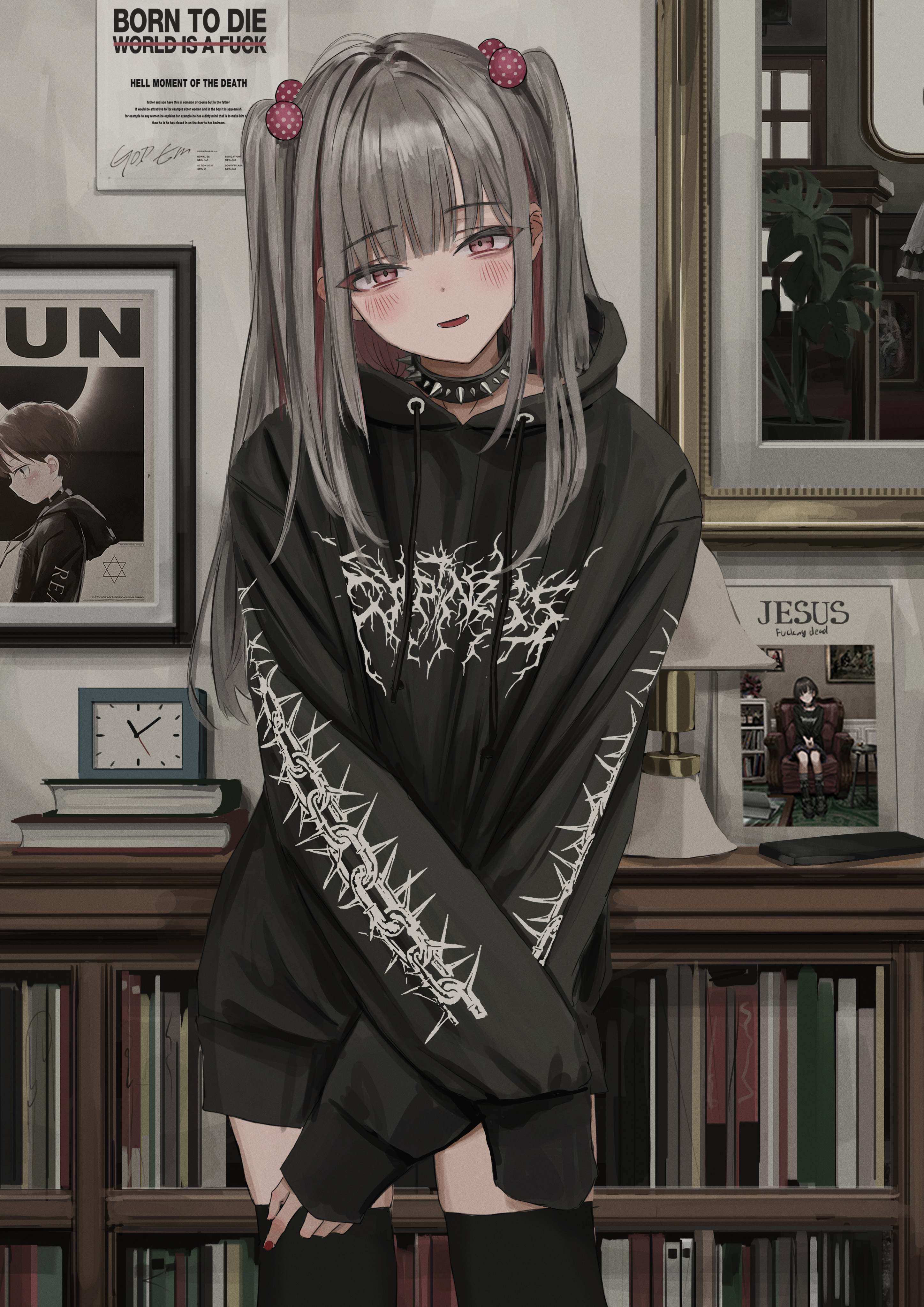 1girl absurdres artist_self-reference black_collar black_hoodie black_thighhighs blush book born_to_die_world_is_a_fuck_(meme) clock collar colored_inner_hair commentary cowboy_shot english_commentary english_text gishiki_(gshk) grey_hair hair_bobbles hair_ornament highres hood hoodie indoors jewelry lamp long_hair long_sleeves looking_at_viewer meme multicolored_hair original parted_lips pink_eyes pink_hair smile solo spiked_collar spikes standing thighhighs twintails