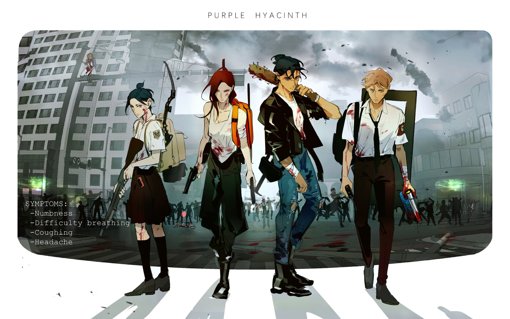 2boys 2girls apocalypse bag bandaged_arm bandaged_eibow bandages baseball_bat black_hair black_necktie black_skirt blonde_hair blood blood_on_arm blood_on_clothes blood_on_face blue_eyes blue_hair blue_pants book border bow brown_eyes building closed_mouth cloud cloudy_sky gun kieran_white kym_ladell lauren_sinclair long_hair looking_at_viewer multiple_boys multiple_girls nail nail_(hardware) nail_bat necktie pants ponytail purple_hyacinth red_hair serious shirt shoes shotgun skirt sky sleeveless torn_clothes torn_pants weapon white_border white_shirt william_hawkes yellow_eyes zombie
