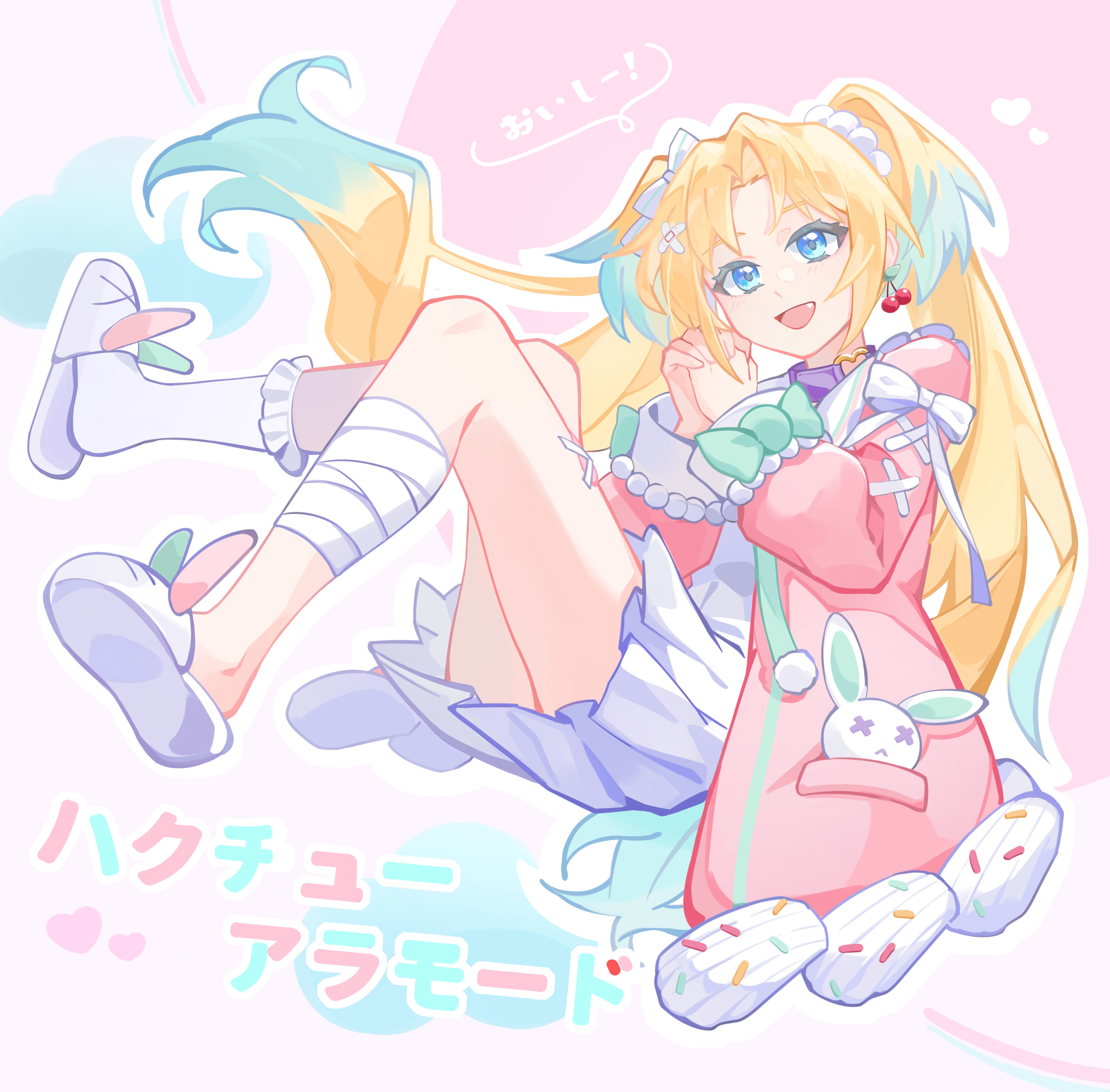 1girl :d absurdres achin_(putsi_2025) bandaged_leg bandages blonde_hair blue_eyes blue_hair bow choker coat cross-laced_clothes cross-laced_sleeves curtained_hair dress fang food-themed_clothes frilled_socks frills full_body gradient_hair hair_bobbles hair_bow hair_ornament hakuchu_a_la_mode heart heart_o-ring heart_ring_choker highres interlocked_fingers link!_like!_love_live! long_hair love_live! multicolored_hair o-ring o-ring_choker official_alternate_costume open_mouth osawa_rurino outline own_hands_clasped own_hands_together parted_bangs pink_background pink_coat pleated_dress purple_choker sailor_collar sailor_dress short_dress single_sock slippers smile socks solo song_name speech_bubble stuffed_animal stuffed_rabbit stuffed_toy translated twintails very_long_hair virtual_youtuber white_bow white_dress white_outline white_sailor_collar white_slippers white_socks