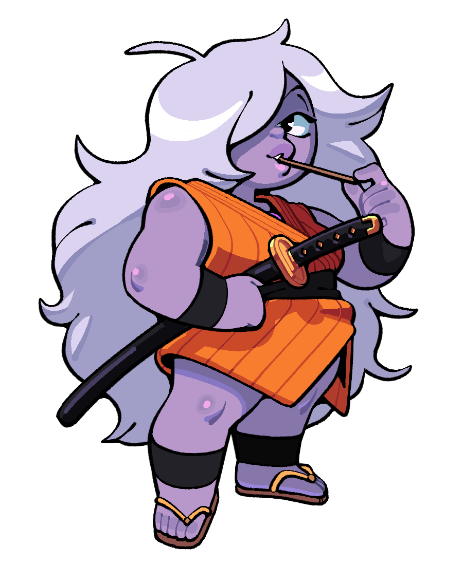 1girl amethyst_(steven_universe) breasts colored_skin cosplay discount-supervillain dragon_ball feet flip-flops grey_hair hair_over_one_eye katana long_hair medium_breasts plump purple_skin sandals shortstack smile steven_universe sword thick_arms thick_lips toes weapon yajirobe yajirobe_(cosplay)