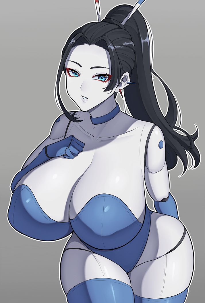 1girl android arm_behind_back ass band-width bare_shoulders black_hair blue_choker blue_eyes blue_leotard blue_thighhighs borrowed_character breasts choker cleavage collarbone colored_skin commission cowboy_shot curvy ear_piercing eyebrows eyelashes eyeshadow grey_background grey_skin hair_ornament hand_on_own_chest high_ponytail highleg highleg_leotard huge_ass huge_breasts leotard makeup original parted_lips piercing ponytail robot robot_girl solo thick_thighs thighhighs thighs