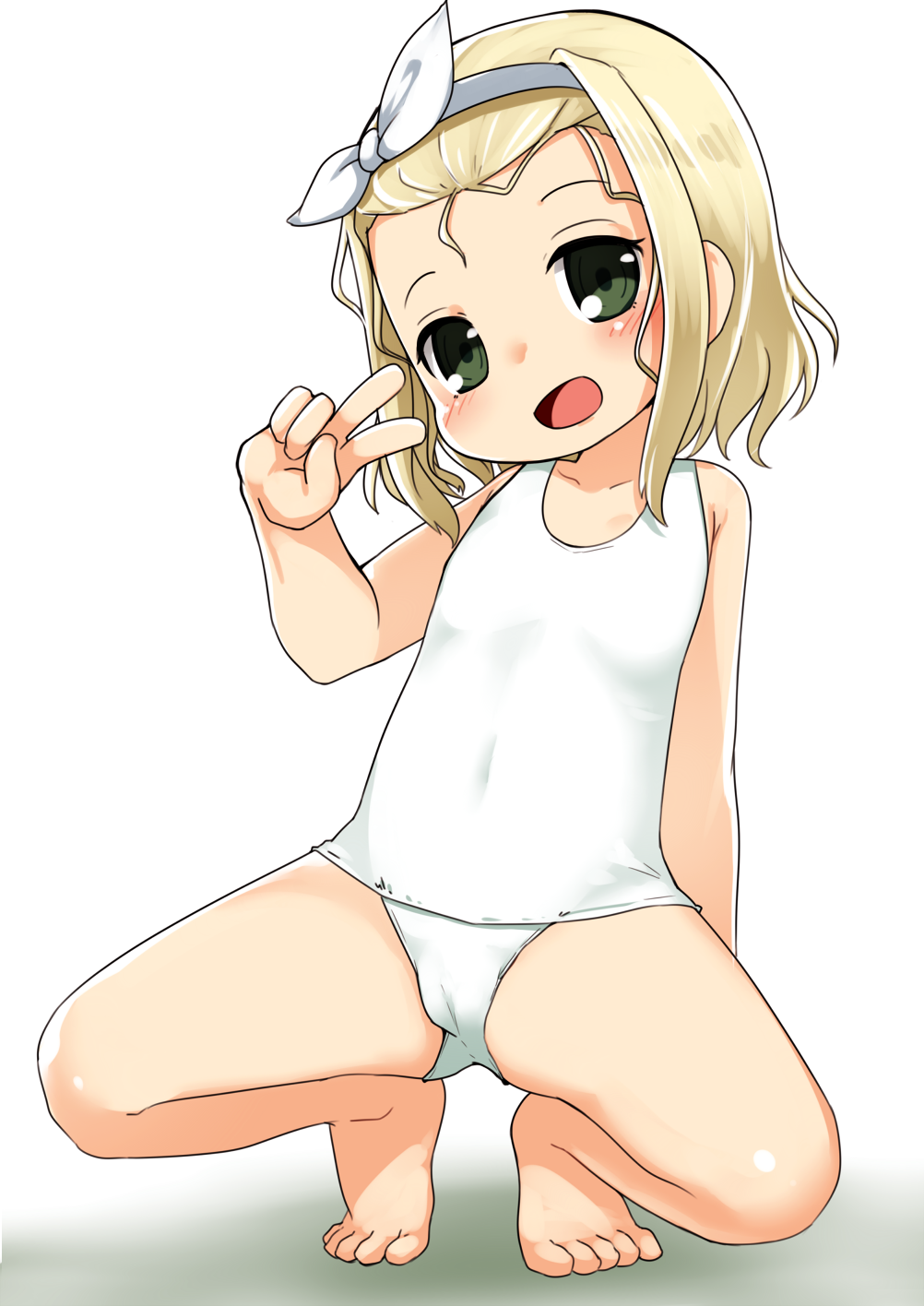 1girl blonde_hair commentary_request flat_chest forehead green_eyes hairband highres i-504_(kancolle) kantai_collection looking_at_viewer luigi_torelli_(kancolle) medium_hair nassukun school_swimsuit simple_background smile solo squatting swimsuit v white_background white_hairband