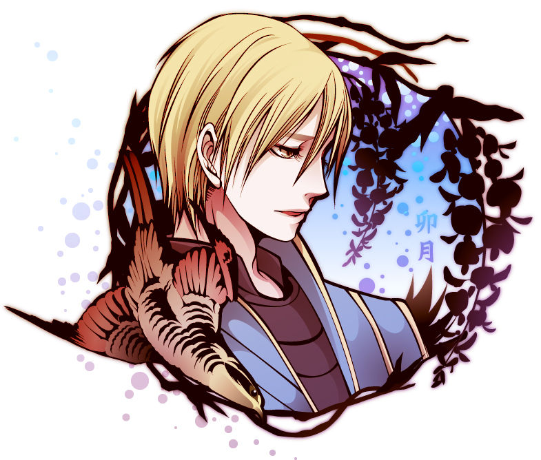 1boy azai_nagamasa_(sengoku_musou) bad_id bad_pixiv_id bird blonde_hair flower junoe male_focus open_mouth portrait sengoku_musou simple_background solo white_background yellow_eyes