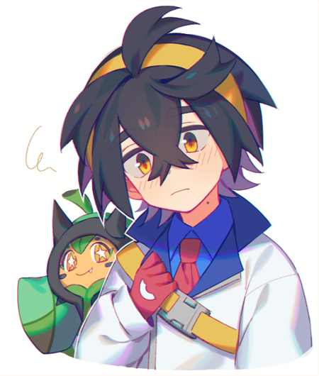 1boy ahoge black_hair blue_shirt blush closed_mouth collared_shirt commentary_request crossed_bangs gloves hairband holding_strap jacket kieran_(pokemon) looking_down male_focus mole mole_on_neck necktie nintendo ogerpon pokemon pokemon_(creature) pokemon_sv red_gloves red_necktie shirt short_hair squiggle strap white_background white_jacket wusagi2 yellow_hairband