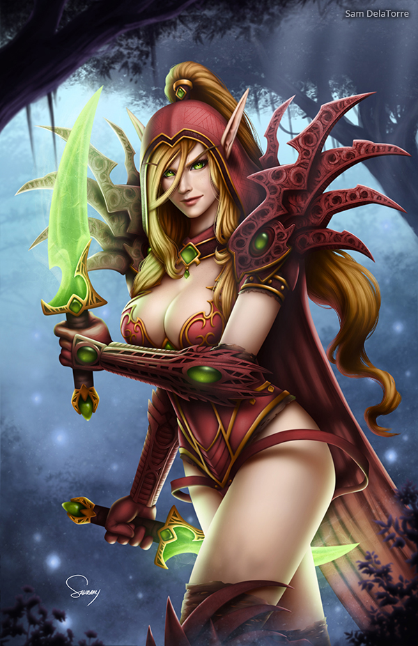 1girl artist_name blonde_hair blood_elf_(warcraft) breasts cape cleavage dual_wielding elf female_focus green_eyes hair_tubes high_ponytail holding hood long_hair medium_breasts plant pointy_ears ponytail reverse_grip sam_delatore signature solo tree valeera_sanguinar warcraft world_of_warcraft