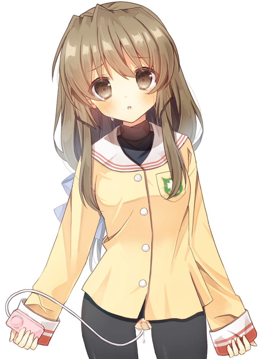 1girl arms_at_sides bandaid bandaid_on_pussy black_pantyhose blue_bow blunt_ends blush bow brown_eyes brown_hair clannad commentary_request cowboy_shot dildo female_masturbation furrowed_brow hair_between_eyes hair_bow haruchimo highres hikarizaka_private_high_school_uniform holding holding_sex_toy ibuki_fuuko jacket long_hair long_sleeves looking_at_viewer low-tied_long_hair masturbation no_pants open_mouth paid_reward_available pantyhose pussy_juice remote_control_vibrator sailor_collar school_uniform serafuku sex_toy sidelocks simple_background sleeves_past_wrists solo tears torn_clothes torn_pantyhose turtleneck vibrator white_background white_sailor_collar yellow_jacket