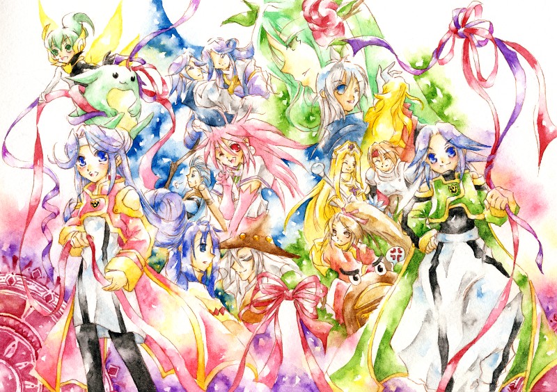 6+boys 6+girls albert_(tales) aqua_hair arche_klein armor bare_shoulders blonde_hair blue_eyes blue_hair bodysuit broom brown_eyes brown_hair cape chester_burklight claus_f._lester closed_eyes coat cress_albane dhaos dio_(tales) dios_(tales) dress elbow_gloves etos_(tales) flower fujibayashi_suzu gloves green_eyes grey_hair hat headband headgear kuruuru long_hair mel_(tales) meltia_(tales) milard_rune mint_adenade multiple_boys multiple_girls norn_(tales) one_eye_closed open_mouth pants pantyhose pink_hair ponytail purple_hair red_eyes ribbon rondorine_e._effenberg scarf short_hair staff tales_of_(series) tales_of_phantasia tales_of_phantasia:_narikiri_dungeon tales_of_phantasia:_narikiri_dungeon_x tattoo vest wings wink