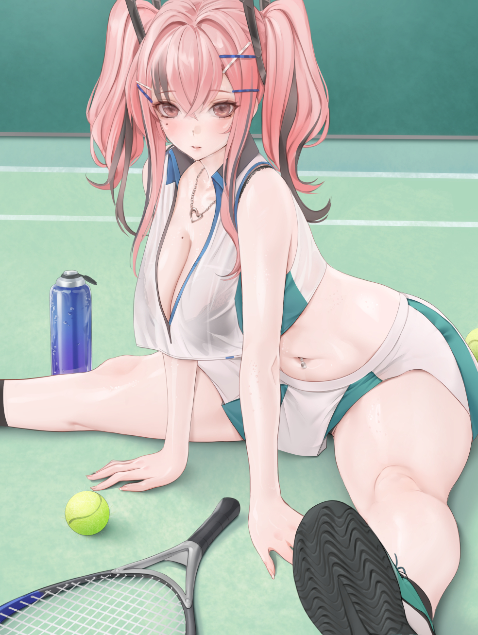 1girl arm_rest azur_lane ball bare_shoulders between_legs black_bra blush bottle bra bra_visible_through_clothes breasts bremerton_(azur_lane) bremerton_(scorching-hot_training)_(azur_lane) cleavage collarbone collared_shirt commentary crop_top crop_top_overhang crossed_bangs green_skirt grey_hair hair_between_eyes hair_intakes hair_ornament hand_between_legs heart heart_necklace highres jewelry large_breasts long_hair looking_at_viewer mixed-language_commentary mole mole_on_breast mole_under_eye multicolored_hair navel navel_piercing ndoon necklace official_alternate_costume parted_lips piercing pink_eyes pink_hair racket see-through_clothes see-through_shirt shadow shirt shoes sidelocks sitting skirt sleeveless sleeveless_shirt sneakers solo sportswear spread_legs stomach streaked_hair tennis_ball tennis_court tennis_racket tennis_uniform twintails two-tone_hair two-tone_shirt two-tone_skirt underwear water_bottle wet wet_clothes wet_shirt white_shirt white_skirt wide_spread_legs x_hair_ornament