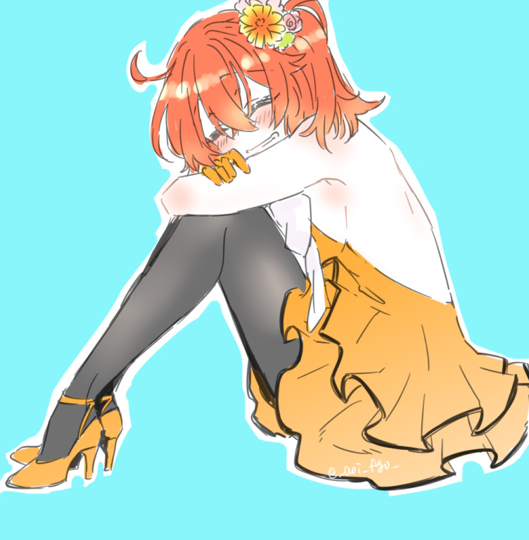 1girl black_pantyhose blue_background blush closed_eyes dress fate/grand_order fate_(series) female_focus flower from_side fujimaru_ritsuka_(female) fujimaru_ritsuka_(female)_(starlight_fest) full_body gloves grin hair_flower hair_ornament high_heels layered_dress official_alternate_costume orange_dress orange_gloves orange_hair pantyhose shino-o short_dress simple_background sitting sleeveless sleeveless_dress smile solo strapless strapless_dress yellow_flower