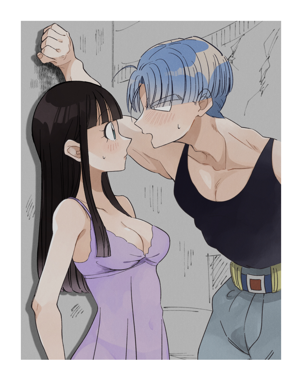 1boy 1girl belt black_hair black_tank_top blue_hair blunt_bangs blush commentary_request dragon_ball hand_on_wall highres long_hair mai_(future)_(dragon_ball) nightgown nymrmc profile purple_nightgown see-through_clothes short_hair sidelocks sweatdrop tank_top trunks_(dragon_ball) trunks_(future)_(dragon_ball)