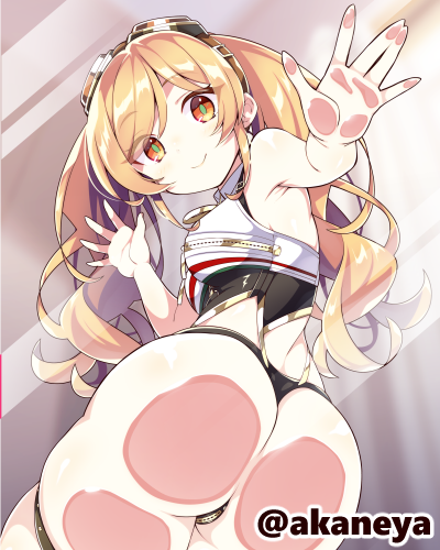 1girl against_glass akaneya armpits artist_name ass ass_focus ass_on_glass ass_press azur_lane blonde_hair breast_zipper breasts crotch_zipper from_below goggles goggles_on_head green_eyes hand_on_glass huge_ass leonardo_da_vinci_(azur_lane) long_hair looking_at_viewer medium_breasts multicolored_eyes off_shoulder orange_eyes panties revealing_clothes smile solo swept_bangs thigh_strap thighs thong twintails underwear wide_hips zipper zipper_pull_tab