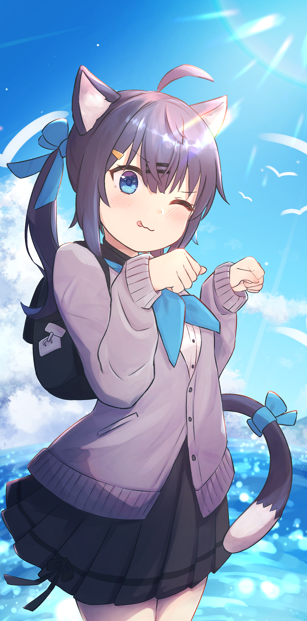 1girl :q ;p ;q ahoge animal_ear_fluff animal_ears backpack bag bag_charm bird black_hair black_sailor_collar black_skirt blue_bow blue_eyes blue_neckerchief blue_sky blush bow cardigan cat_ears cat_girl cat_tail charm_(object) closed_mouth cloud day grey_cardigan hair_between_eyes hair_bow hair_ornament hairclip hands_up highres horizon long_hair long_sleeves looking_at_viewer neckerchief ocean one_eye_closed outdoors paw_pose pleated_skirt puffy_long_sleeves puffy_sleeves ribbon ruarinringo sailor_collar school_uniform sephira_(vrchat) serafuku shirt side_ponytail skirt sky sleeves_past_wrists smile solo tail tail_bow tail_ornament tail_raised tail_ribbon tongue tongue_out twintails v-shaped_eyebrows vrchat water white_shirt