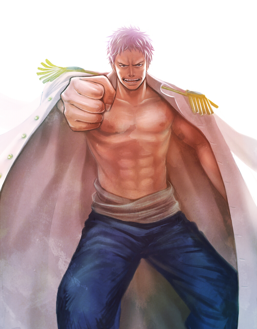 1boy abs bad_id bad_pixiv_id black_eyes clenched_hand coat coat_on_shoulders collarbone epaulettes highres kito0889 looking_at_viewer male_focus military_uniform one_piece one_piece_film:_z open_clothes open_coat open_mouth purple_hair short_hair simple_background solo teeth topless_male white_background zephyr_(one_piece)