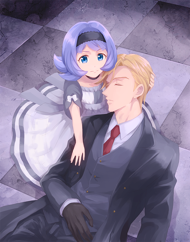 1boy 1girl almiria_bauduin bad_id bad_pixiv_id black_gloves blonde_hair blue_eyes checkered_floor closed_eyes coat dress from_above gloves gundam gundam_tekketsu_no_orphans hairband iincho_(airi8751) looking_at_viewer mcgillis_fareed necktie open_clothes open_coat purple_hair red_necktie tile_floor tiles vest waistcoat