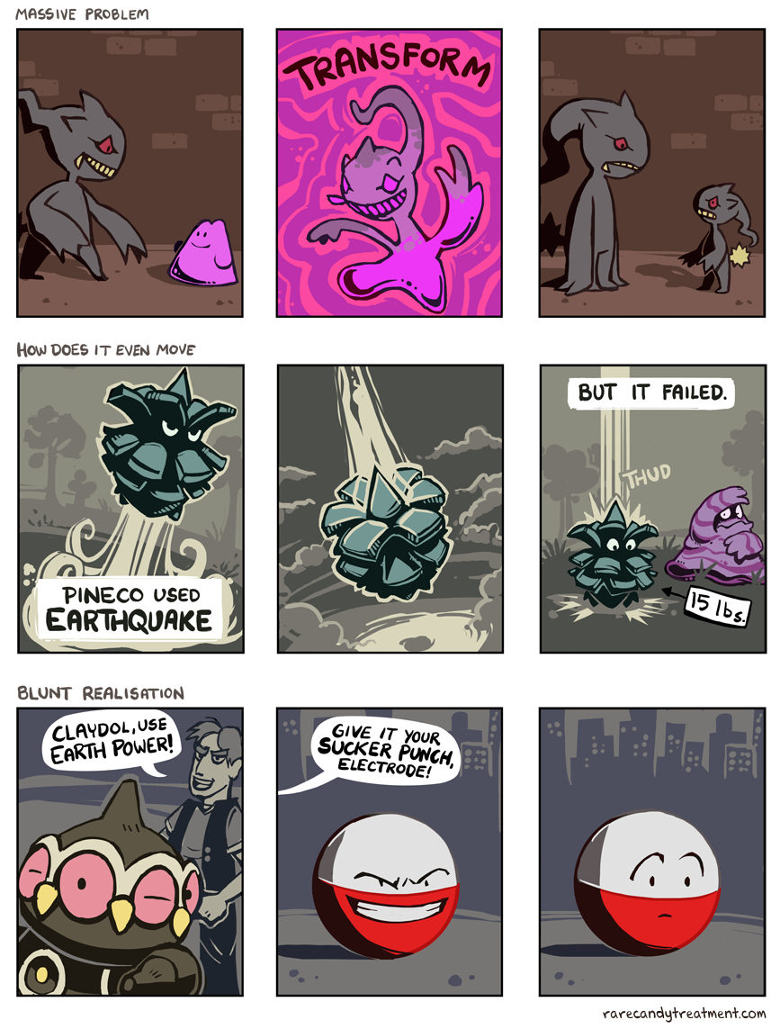 1boy 3koma banette building bummerdude city claydol cloud cloudy_sky comic commentary ditto earthquake_(pokemon) electrode_(pokemon) english_commentary english_text eye_contact failure falling gen_1_pokemon gen_2_pokemon gen_3_pokemon grin height_difference jumping looking_at_another multiple_3koma nintendo original pineco pokemon pokemon_(creature) pokemon_move sky smile standing transform_(pokemon) transformed_ditto watermark web_address