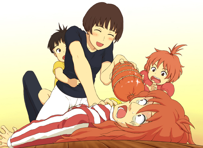 00s 2boys 2girls blush brown_eyes brown_hair child food fujimoto gake_no_ue_no_ponyo hair_tie lisa_(ponyo) long_hair multiple_boys multiple_girls open_mouth orange_hair ponyo scared shirt smile sosuke striped_clothes striped_shirt studio_ghibli