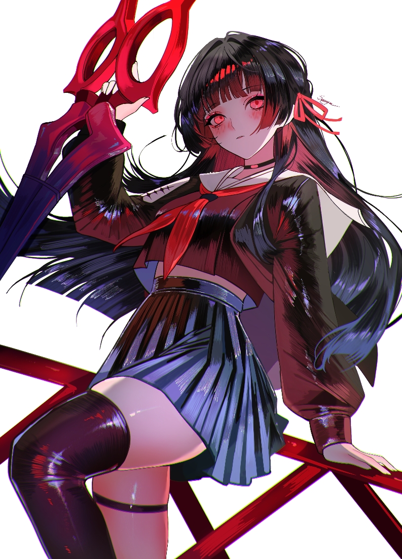 1girl arm_cutout black_choker black_hair black_serafuku black_shirt black_skirt black_thighhighs blush chisa_(wuthering_waves) choker clothing_cutout commentary hair_ribbon holding holding_sword holding_weapon long_hair long_sleeves mole mole_under_eye neckerchief parted_lips red_eyes red_neckerchief red_ribbon ribbon sailor_collar sanya_(sanya_lox228) school_uniform serafuku shirt signature simple_background single_thighhigh skirt solo sword tacet_mark_(wuthering_waves) thigh_strap thighhighs thighs weapon white_background white_sailor_collar wuthering_waves