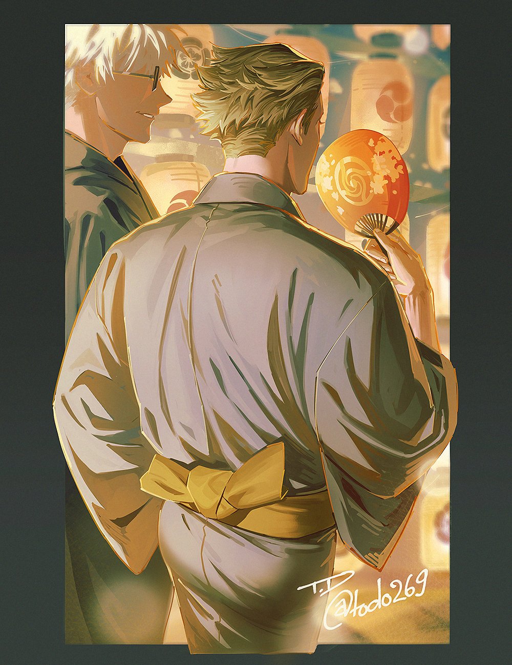 2boys back black_border border chinese_clothes clothing_request commentary glasses gojou_satoru highres jujutsu_kaisen lantern_festival male_focus multiple_boys nanami_kento outside_border short_hair sky_lantern standing symbol-only_commentary teeth todo269 twitter_username white_hair