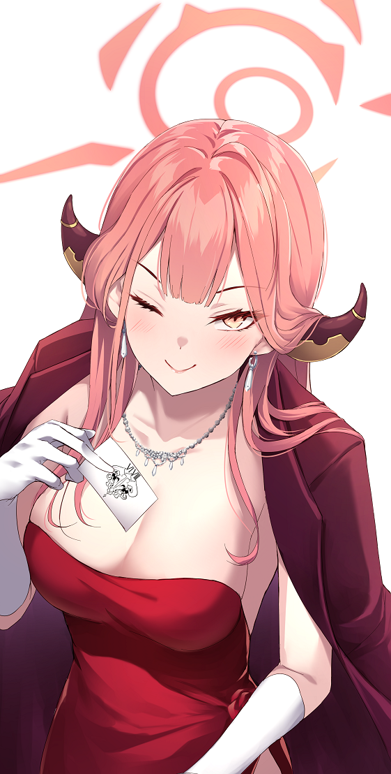 1girl aru_(blue_archive) aru_(dress)_(blue_archive) blue_archive blush breasts brown_coat brown_horns cleavage closed_mouth coat coat_on_shoulders demon_horns dress earrings gloves halo horns jewelry large_breasts long_hair merxkialis necklace official_alternate_costume one_eye_closed pink_hair pink_halo red_dress simple_background smile solo upper_body white_background white_gloves yellow_eyes