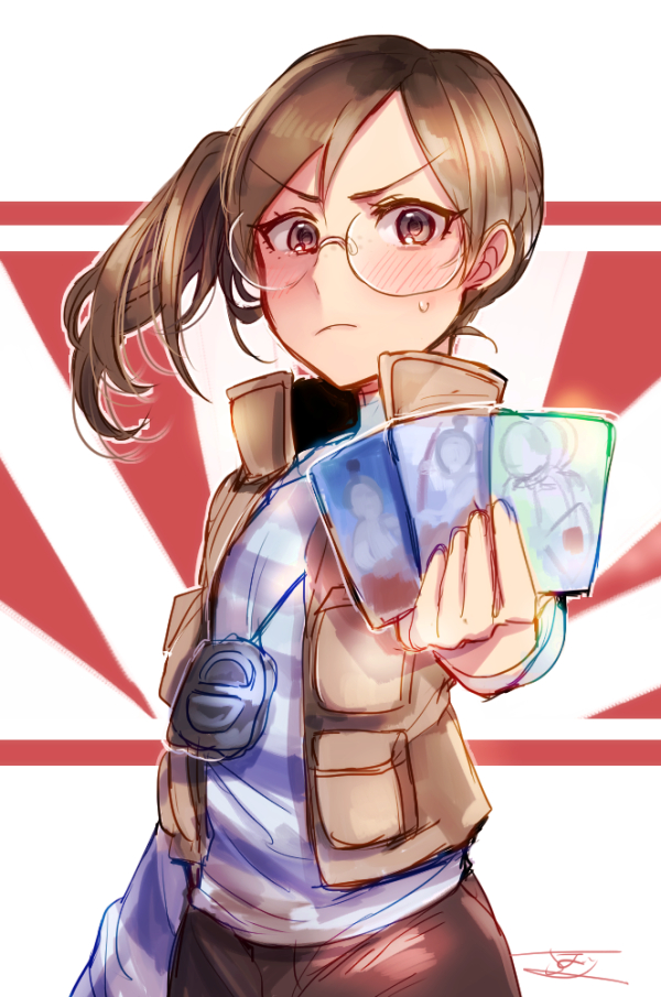 1girl ace_attorney blue_shirt blush brown_eyes brown_hair brown_vest card frown holding holding_card lgw7 long_hair looking_at_viewer penny_nichols shirt simple_background sketch solo standing striped_clothes striped_shirt sweatdrop trading_card two-tone_shirt vest walkie-talkie white_shirt