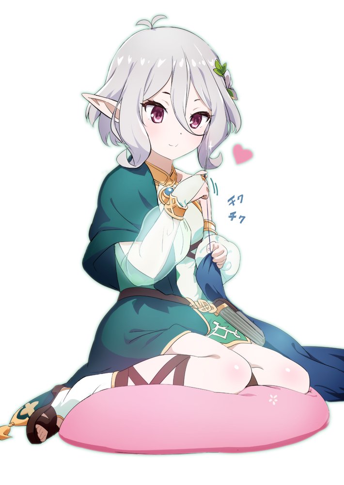 1girl antenna_hair armlet bare_shoulders blush bracelet breasts detached_sleeves dress elf flower green_dress hair_between_eyes hair_flower hair_ornament heart jewelry kneeling kokkoro_(princess_connect!) long_sleeves looking_at_viewer pendant pink_eyes pointy_ears princess_connect! puffy_long_sleeves puffy_sleeves shino_(comic_penguin_club) short_hair sidelocks silver_hair sitting sleeveless sleeveless_dress small_breasts smile solo split_mouth thighs wariza