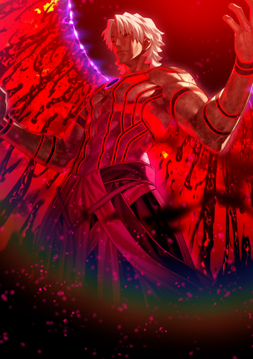 1boy abs arm_tattoo black_skirt brown_eyes chest_tattoo closed_mouth corruption cowboy_shot curtained_hair expressionless fate/grand_order fate_(series) from_below game_cg glowing_tattoo hands_up hole_in_chest hole_on_body kotomine_kirei male_focus medium_hair official_art pectorals rasputin_(fate) rasputin_(third_ascension)_(fate) red_theme skirt solo standing takeuchi_takashi tattoo third-party_source toned toned_male v-shaped_eyebrows white_hair