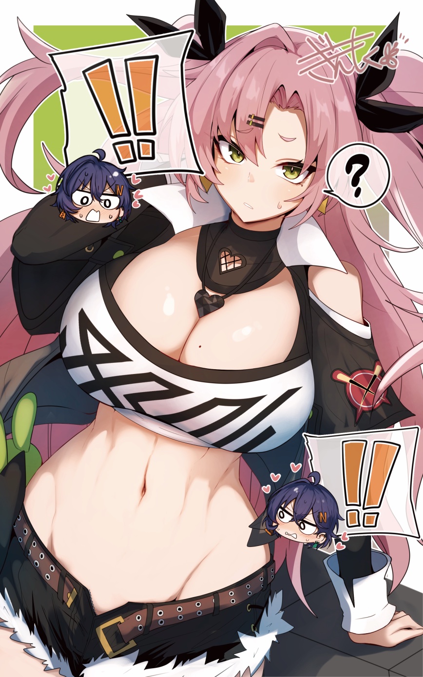 ! !! 1girl 2girls ? belle_(zenless_zone_zero) black_jacket black_ribbon black_shorts blush breasts chibi cleavage cropped_jacket detached_sleeves gin_moku green_eyes hair_ornament hair_ribbon hairclip highres jacket large_breasts long_hair looking_at_viewer multiple_girls navel nicole_demara pink_hair ribbon short_shorts short_sleeves shorts solo_focus strapless tube_top two_side_up white_tube_top zenless_zone_zero