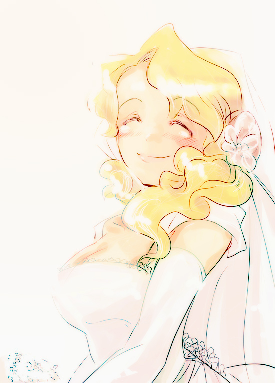 00s 1girl blonde_hair blush bridal_veil bride closed_eyes dress elbow_gloves female_focus flower gloves hair_flower hair_ornament kiyoh_bachika smile solo soyoking tengen_toppa_gurren_lagann veil wedding_dress white_background