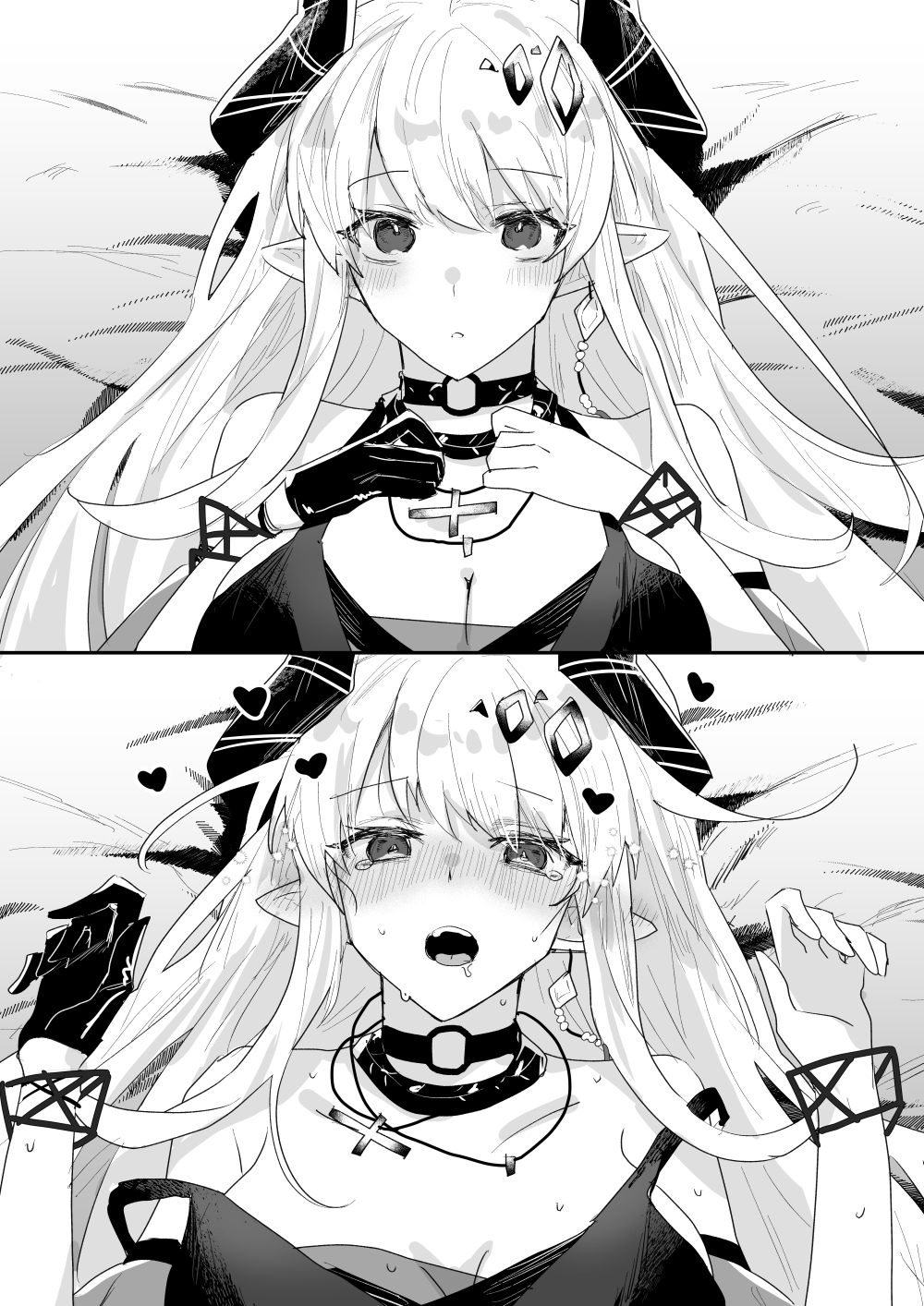 1girl arknights blush breasts commentary cross cross_necklace gloves greyscale half_gloves hand_on_own_chest highres horns implied_sex iwashi_80 jewelry large_breasts looking_at_viewer lying material_growth monochrome mudrock_(arknights) necklace on_back on_bed oripathy_lesion_(arknights) saliva single_glove single_half_glove sweat tears