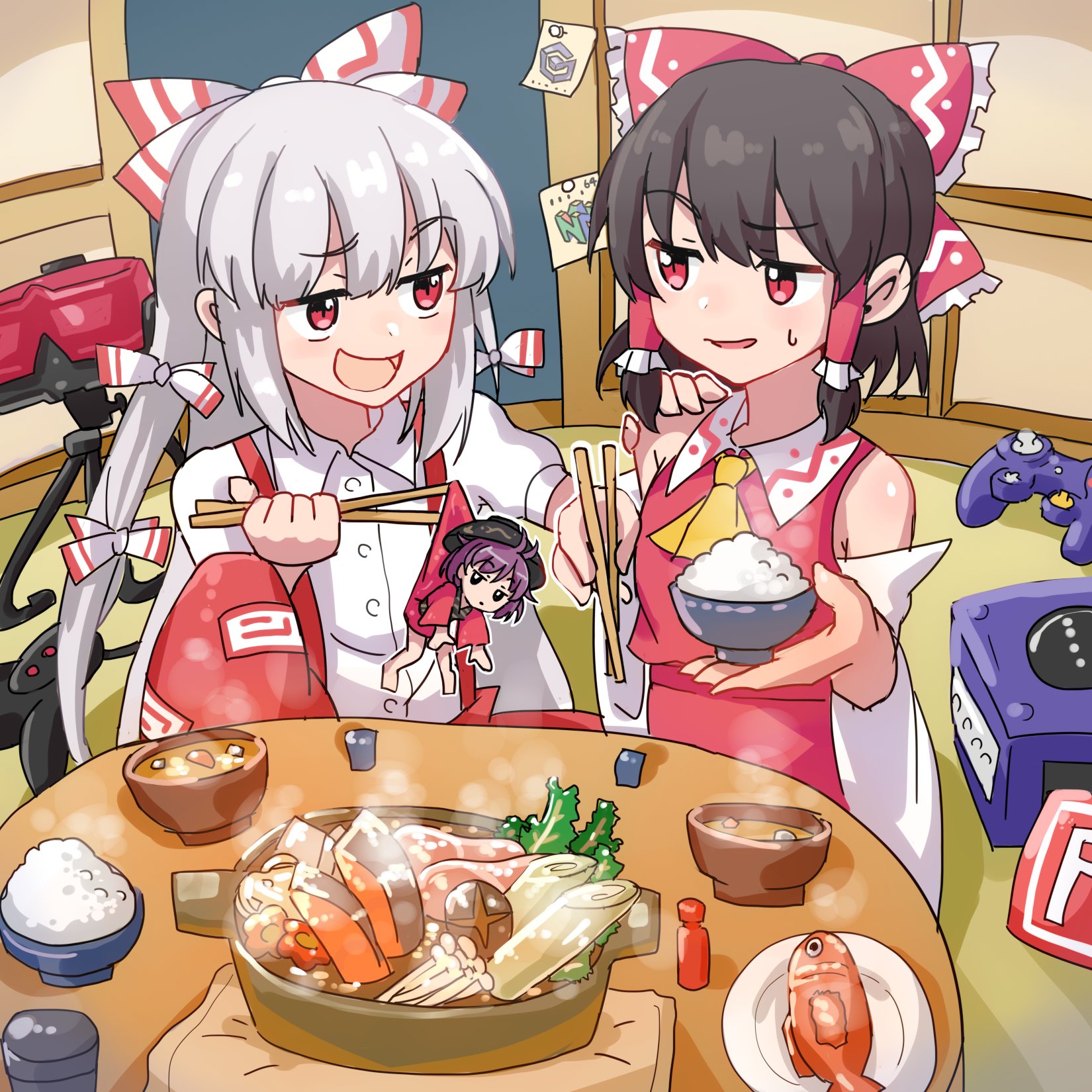 3girls :d ascot beef black_hair blush bow bowl bowl_hat chopsticks commentary_request cooking_pot detached_sleeves fish fish_(food) food fujiwara_no_mokou game_console hair_bow hair_tubes hakurei_reimu hat highres holding holding_chopsticks holding_food hotpot japanese_clothes kappy745 kimono kotatsu long_hair meat mini_person minigirl multiple_girls mushroom nabe nintendo_64 ofuda ofuda_on_clothes on_floor open_mouth pants portable_stove raw_meat red_bow red_eyes red_kimono red_pants ribbon rice_bowl round_table shiitake short_hair sitting skirt smile sukiyaki sukuna_shinmyoumaru suspenders table tofu touhou vegetable virtual_boy white_hair
