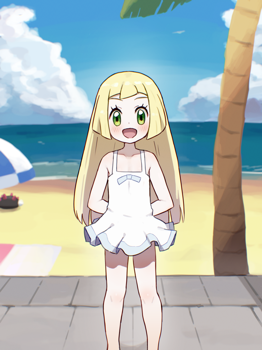 1girl :d aged_down arms_behind_back beach_towel blonde_hair chiwino cloud collarbone commentary_request day dress gen_7_pokemon green_eyes happy highres knees large_variant_set lillie_(pokemon) long_hair looking_at_viewer nintendo open_mouth outdoors palm_tree pokemon pokemon_(anime) pokemon_(creature) pokemon_sm_(anime) pyukumuku sand shore short_dress sky sleeveless sleeveless_dress smile standing towel tree variant_set water white_dress