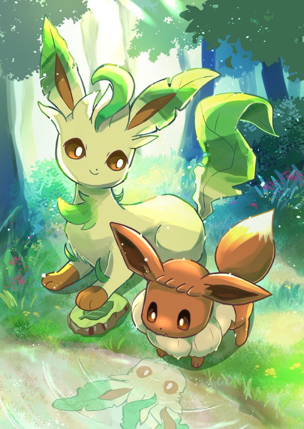 animal_focus brown_eyes eevee evolution_stone evolutionary_line evolutionary_stone gen_1_pokemon gen_4_pokemon grass highres leaf_stone leafeon looking_down nintendo no_humans open_mouth pokemon pokemon_(creature) reflection reflective_water sheyona smile water