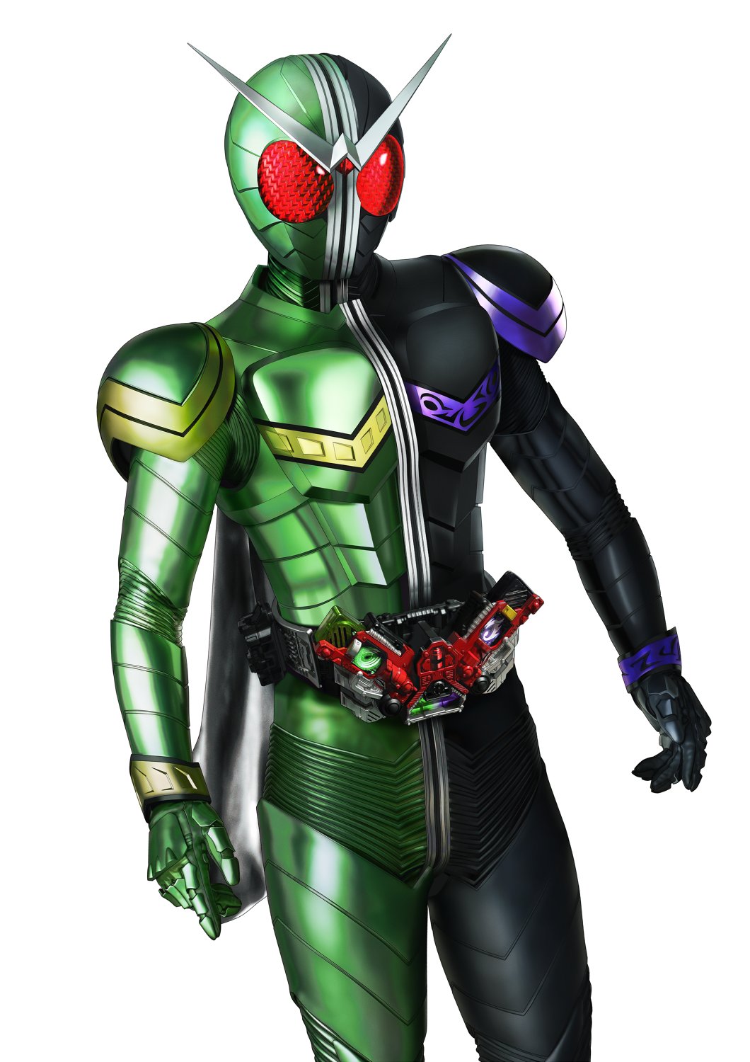 1boy antennae armor belt contrapposto double_driver electricity full_armor gaia_memory green_armor helmet highres kamen_rider kamen_rider_double kamen_rider_w looking_down male_focus masukudo_(hamamoto_hikaru) red_eyes scarf solo upper_body