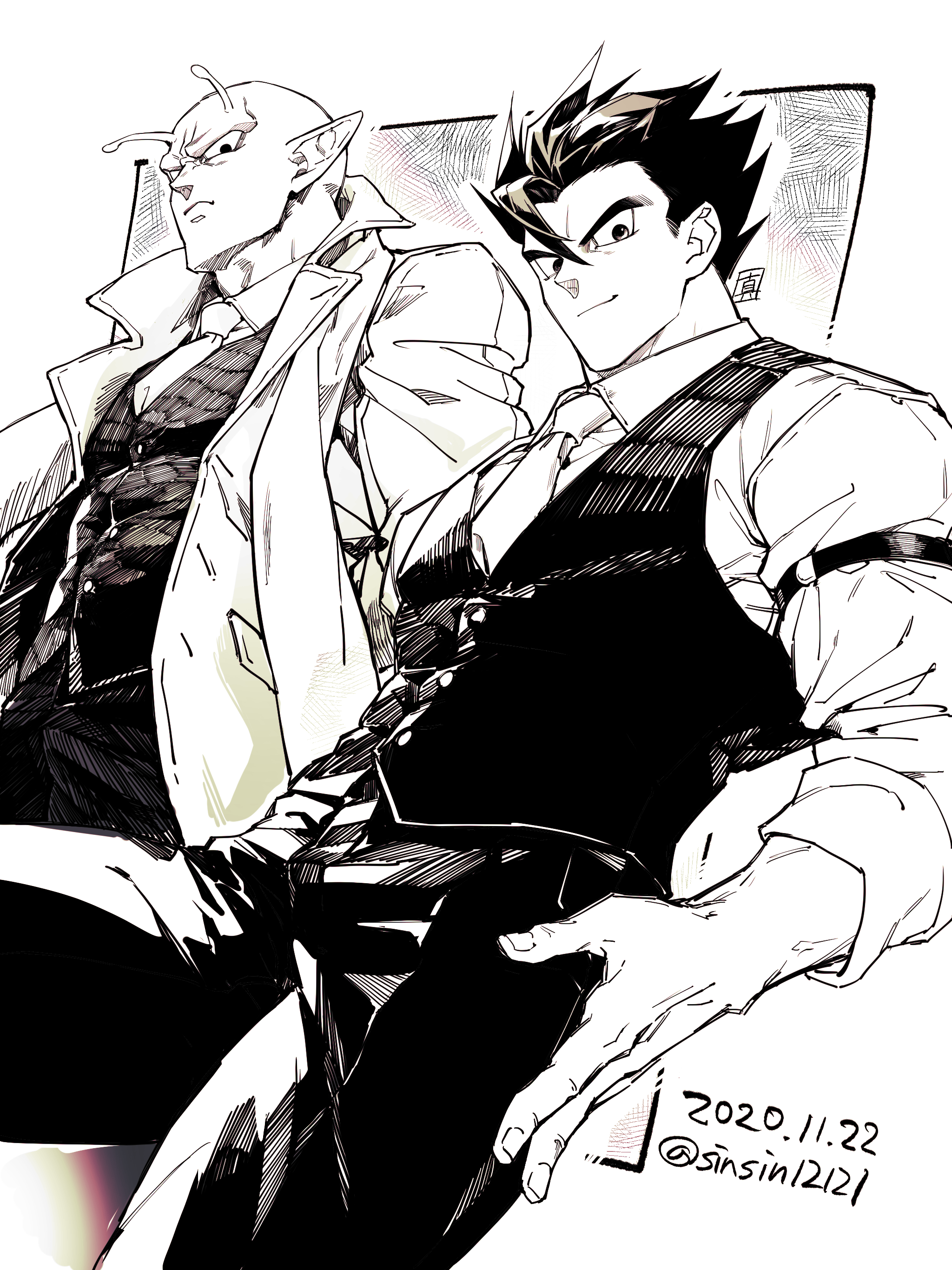 2boys absurdres alternate_costume closed_mouth dated dragon_ball dragonball_z formal_clothes from_below greyscale highres jacket looking_at_viewer male_focus monochrome multiple_boys necktie pants piccolo pointy_ears shin_(sinsin12121) simple_background smile son_gohan spiked_hair twitter_username vest