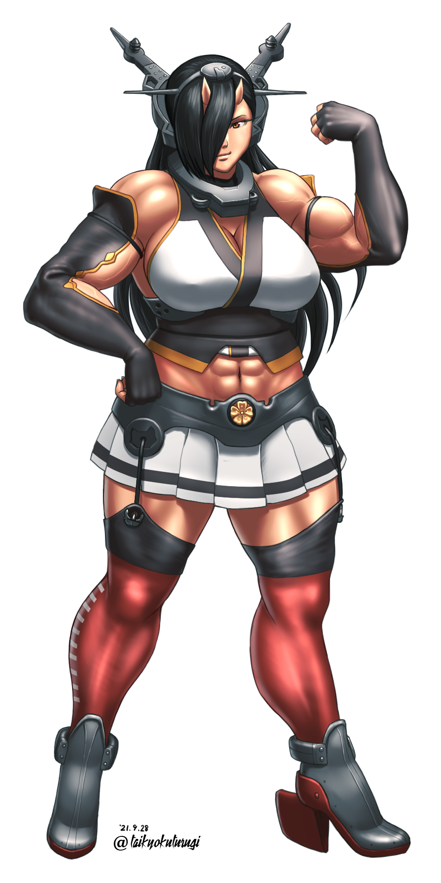 1girl black_gloves black_hair cosplay criss-cross_halter dated elbow_gloves elf-san_wa_yaserarenai. fingerless_gloves gloves hair_over_one_eye halterneck headgear highres horns kantai_collection long_hair miniskirt muscular muscular_female nagato_(kancolle) nagato_(kancolle)_(cosplay) oga_(elf-san_wa_yaserarenai.) one-piece_swimsuit oni pleated_skirt pointy_ears skin-covered_horns skirt solo swimsuit taikyoku_tsurugi thick_thighs thighhighs thighs white_background white_one-piece_swimsuit