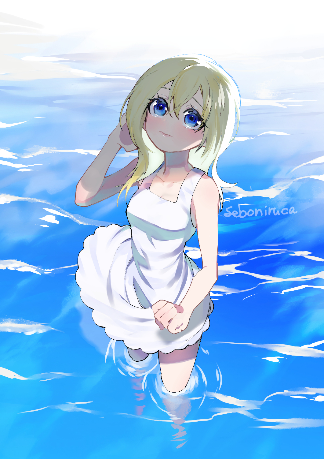 1girl artist_name bare_shoulders blonde_hair blue_eyes closed_mouth commentary_request dress hair_between_eyes highres kingdom_hearts kingdom_hearts:_chain_of_memories kingdom_hearts_ii long_hair looking_up namine ocean outdoors partially_submerged seboniruca sleeveless sleeveless_dress solo water white_dress